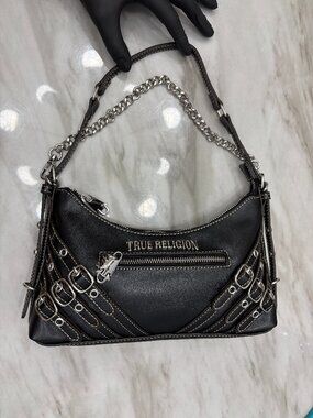 Viral True Religion Black Faux Leather Buckle Strap Handbag NWT